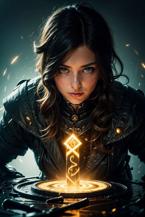 a woman in a black jacket holding a glowing sword