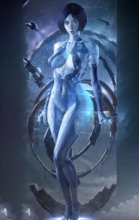 masterpiece, best quality,
full body of a woman cosplaying as cortana floating in space  with a spacestation in the background <lora:cortana 20:1>