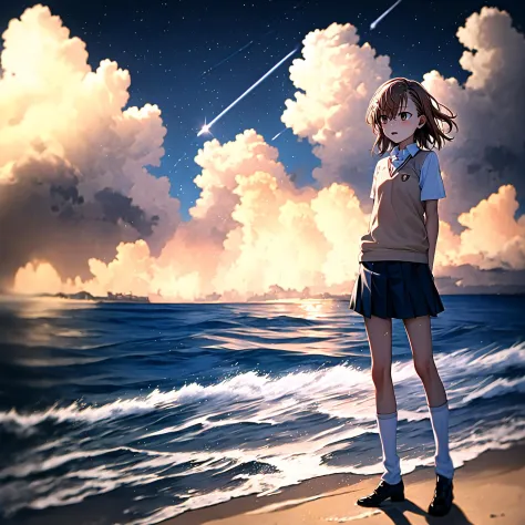 masterpiece, best quality, <lora:misaka_mikoto:1>, misaka mikoto, short hair,  mid shot, full body, ocean, sea waves, water spla...