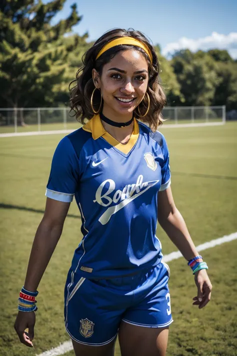 arafed woman in blue and yellow soccer uniform standing on a field