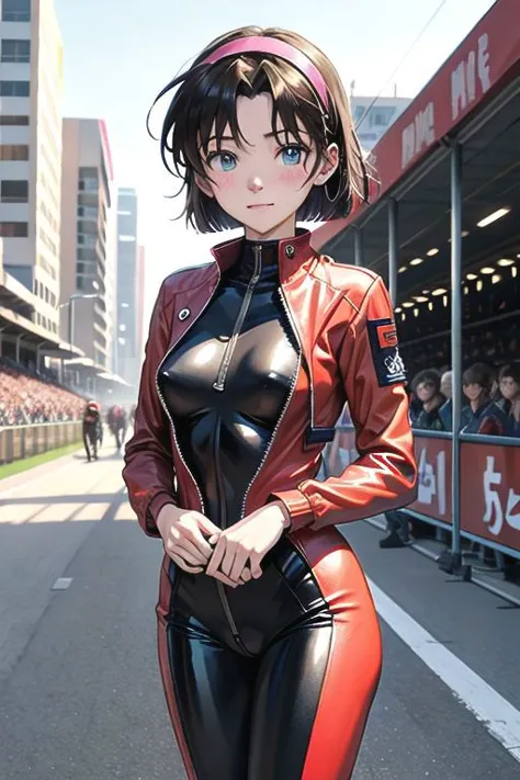 Riding motorbike, 
( colorful plugsuit ) , ( battlesuit : 1.3) , 
( pussy) ,   (  pubic hair  : 1.8) , ( covered nipples : 1.8 ),holster, Katana, 
 (In the crowded racing  circuit  :1.2) , 
 ( blush , embarrassed, orgasm: 1.2)   , (see through: 1.5) ,   ( squirting:1.1) , students, Jacket, 
( masterpiece:1.1) , bodysuit, , corridor,
ayumiyoshida, short hair,alice band,