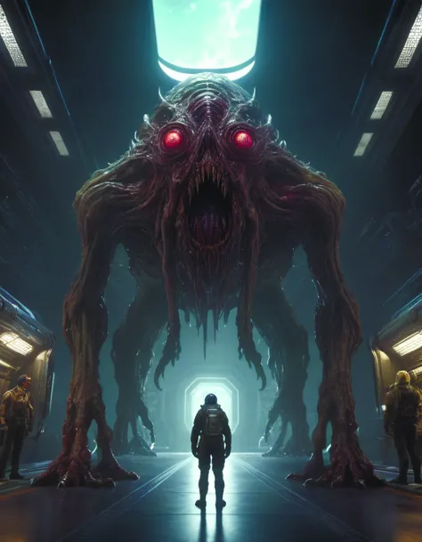 an unimaginable horror beyond human comprehension,a very detailed digital art,station,horror art,lovecraftian monster,positive and fun vibes star citizen,100i,galaxy,aurora 