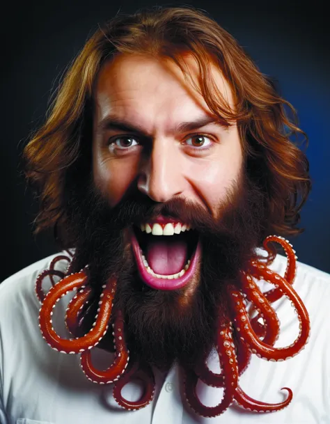 bearded man with living teeth and tentacles in the style of the horror film The Thing 1982 