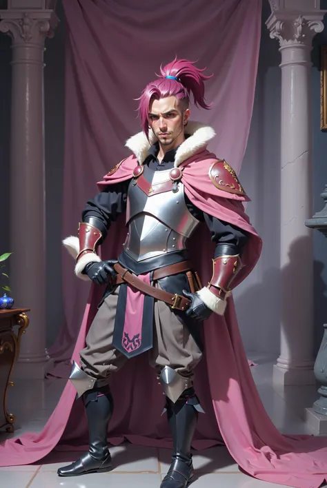 arafed male in a pink cape and armor posing for a picture