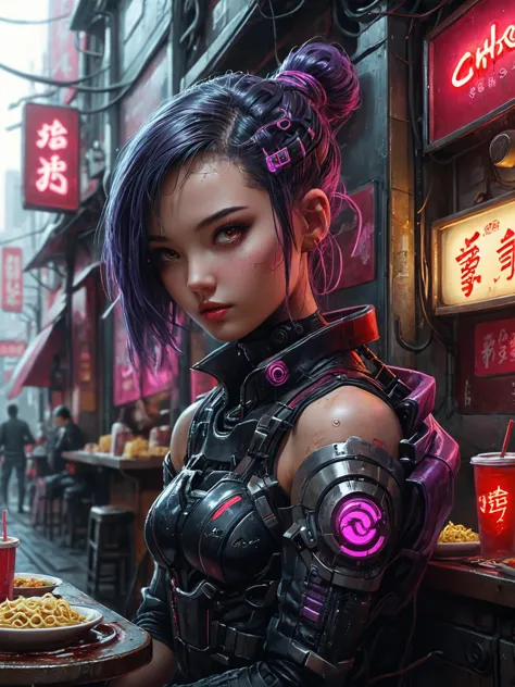 photorealistic, detailed digital illustration of a _custom/characters/character-type-loras , Cyberpunk noodle shop with neon sig...