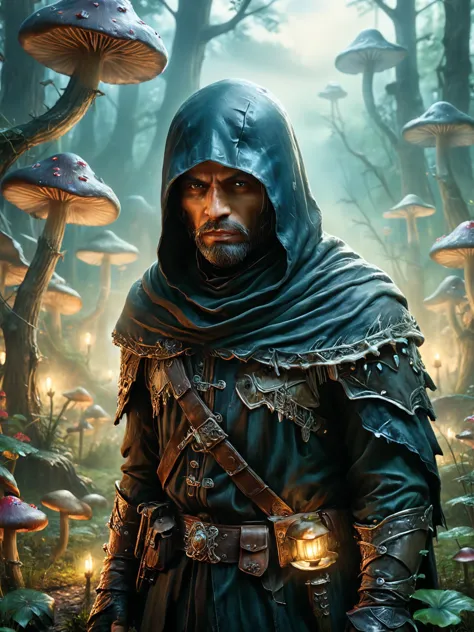 a man in a hoodedie standing in a forest with mushrooms