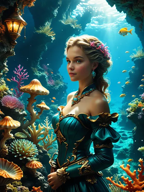 a woman in a green dress standing in front of a coral reef