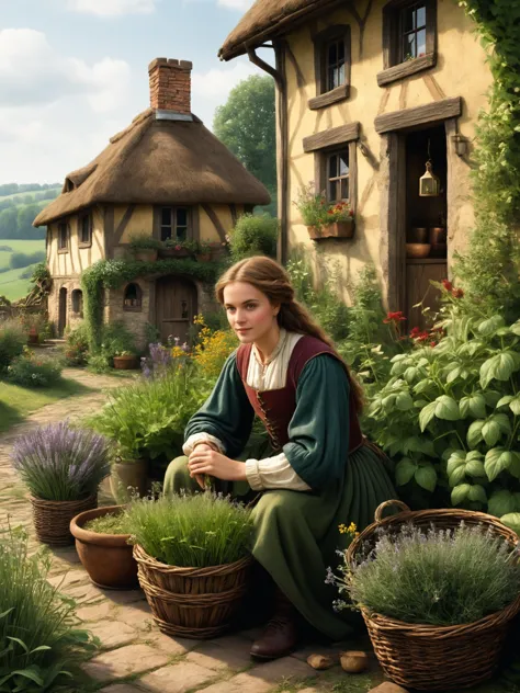 photorealistic, detailed digital illustration of a _custom/characters/character-type-loras , Medieval herbalist's cottage with drying herbs in the background <lora:xl_more_art-full_v1:0.4>,  <lora:EnvyStudioPortraitXL01:0.8>, <lora:EnvyVividXL01-adamw:0.7>