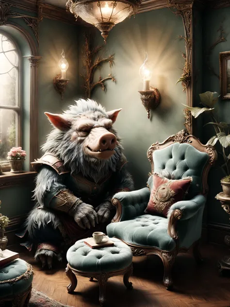 photorealistic, detailed digital illustration of a <lora:RPGWereboarXL:0.7> wereboar , Victorian reading nook with plush chairs in the background <lora:xl_more_art-full_v1:0.4>,  <lora:EnvyStudioPortraitXL01:0.8>,  <lora:ral-milkyglass-sdxl:0.8> ral-milkyglass