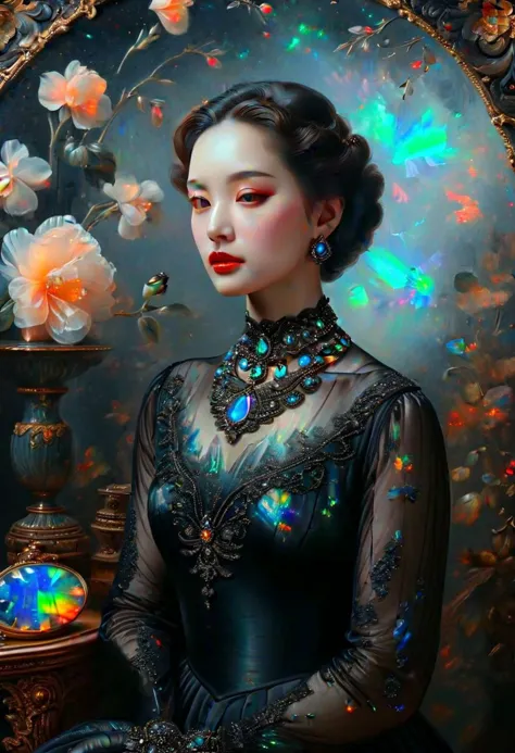 lady wearing a (luxurious:1.3) black ral-opal necklace, oil painting, portrait, extremely detailed, masterpiece