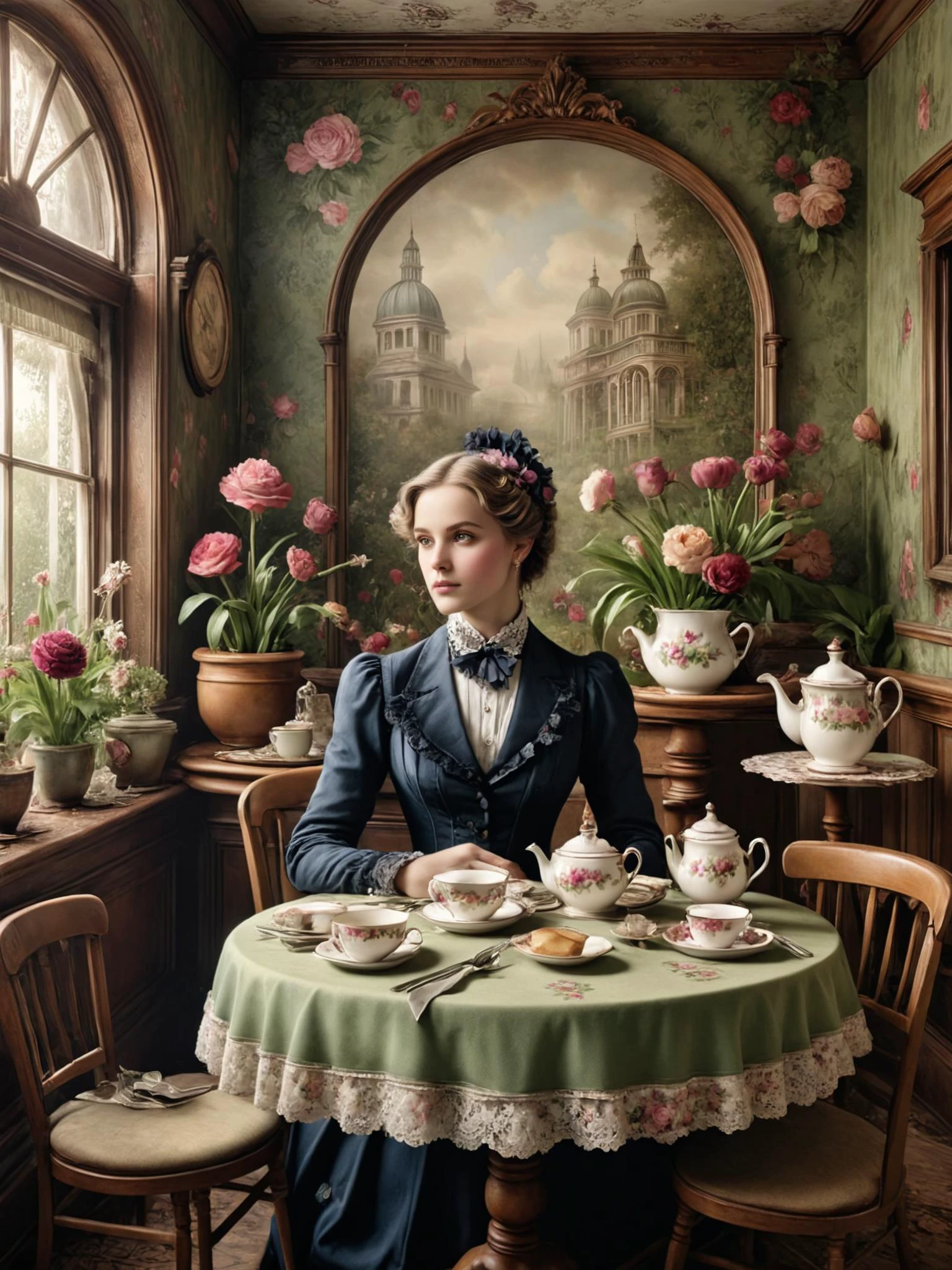 Photoréaliste, illustration numérique détaillée d&#39;un _coutume/personnages/type de personnage-loras , Salon de thé victorien avec papier peint floral en arrière-plan ais-abandz