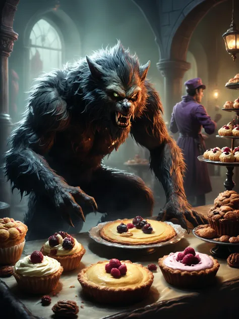 arafed monster with a knife and fork in front of a table of pastries