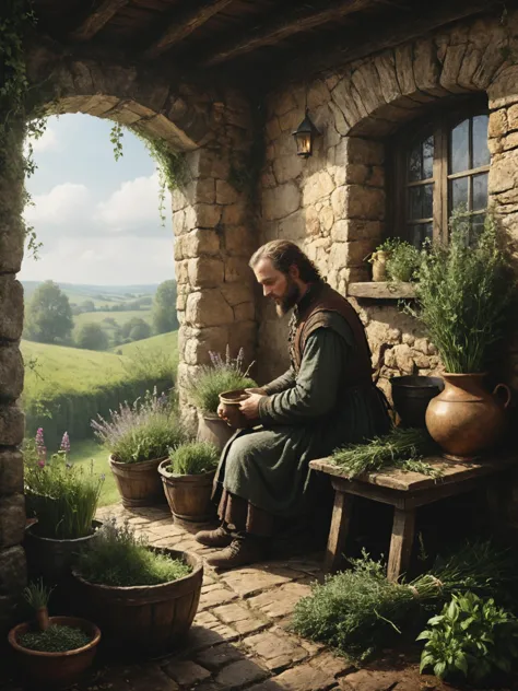 photorealistic, detailed digital illustration of a _custom/characters/character-type-loras , Medieval herbalist's cottage with drying herbs in the background <lora:xl_more_art-full_v1:0.4>,  <lora:EnvyStudioPortraitXL01:0.8>, <lora:Desolation:0.7>