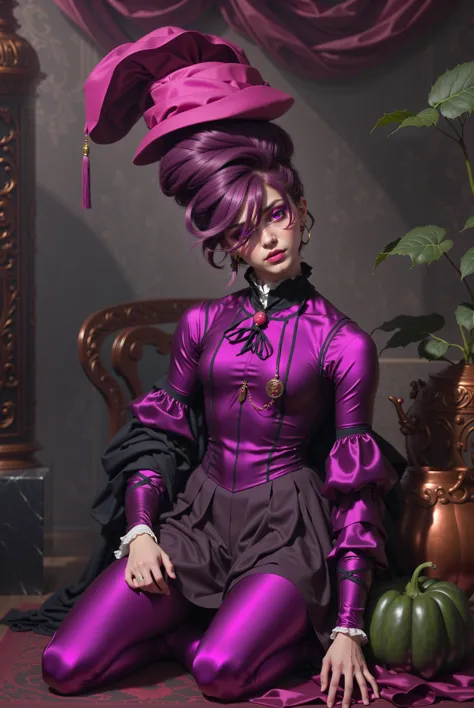 purple woman in a purple outfit sitting on a chair with a hat on