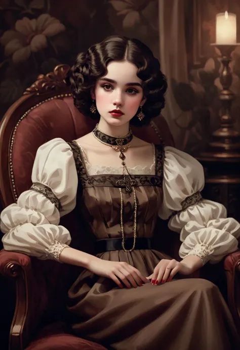 a small and fragile young woman with two perfect hands and a pale oval face with a melancholy expression in a vintage outfit sit...