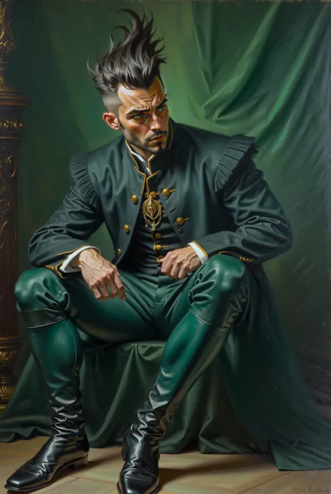 painting of a man in a green suit sitting on a chair