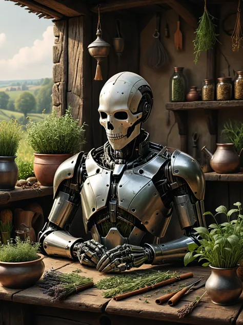 photorealistic, detailed digital illustration of a <lora:Faceless_Cyborgs:0.7> noface cyborg , Medieval herbalist's cottage with drying herbs in the background <lora:xl_more_art-full_v1:0.4>,  <lora:EnvyStudioPortraitXL01:0.8>, <lora:EnvyBeginningOfTimeXL01:0.7>