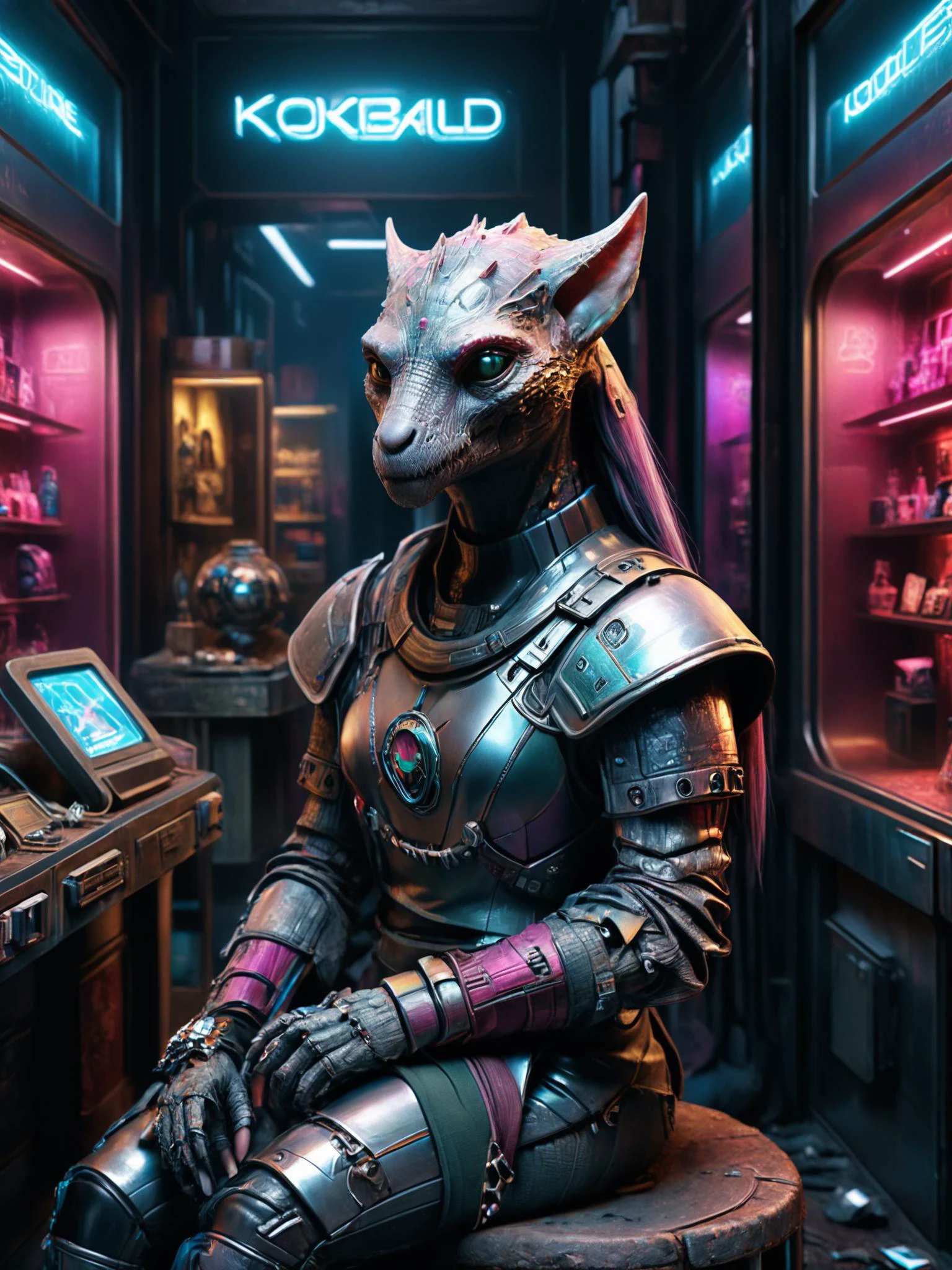 photorealistic, detailed digital illustration of a kobald , Cyberpunk fashion boutique with holographic displays in the background ais-abandz