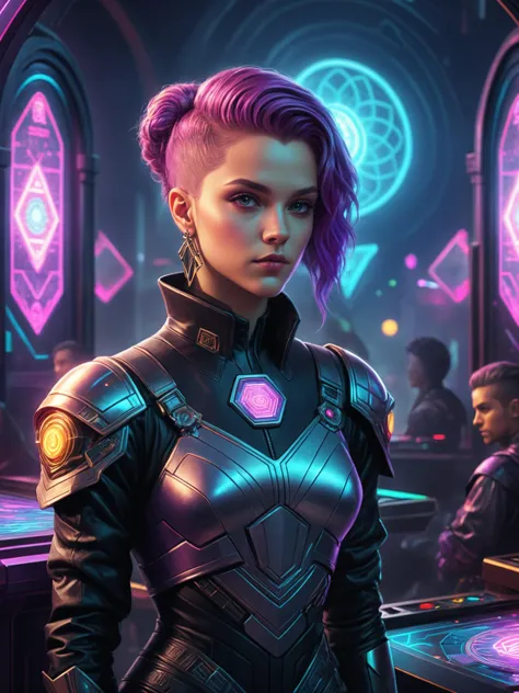 photorealistic, detailed digital illustration of a _custom/characters/character-type-loras , Cyberpunk arcade with holographic g...