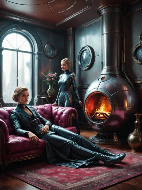 photorealistic, detailed digital illustration of a woman wearing nice boots , Futuristic living room with holographic fireplace ...