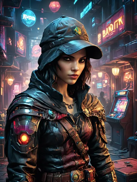photorealistic, detailed digital illustration of a <lora:RPGBanditXL:0.7> bandit , Cyberpunk arcade with holographic games in th...