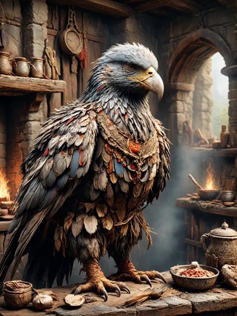 Fotorrealista, ilustración digital detallada de un aarakocra , Acogedora cocina medieval con chimenea al fondo ais-olde