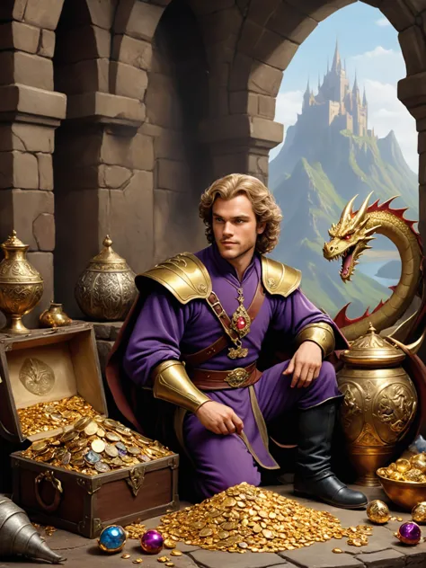 photorealistic, detailed digital illustration of a _custom/characters/character-type-loras , Fantasy dragon's lair with treasure...