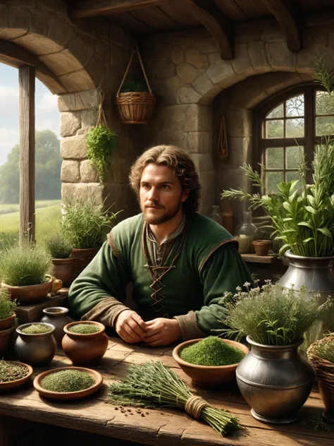 photorealistic, detailed digital illustration of a _custom/characters/character-type-loras , Medieval herbalist's cottage with drying herbs in the background <lora:xl_more_art-full_v1:0.4>,  <lora:EnvyStudioPortraitXL01:0.8>,  <lora:ral-milkyglass-sdxl:0.8> ral-milkyglass