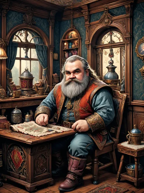 photorealistic, detailed digital illustration of a <lora:RPGDwarfXL:0.7> dwarf , Victorian sewing room with intricate patterns in the background <lora:xl_more_art-full_v1:0.4>,  <lora:EnvyStudioPortraitXL01:0.8>, <lora:EldritchComicsXL:0.7>