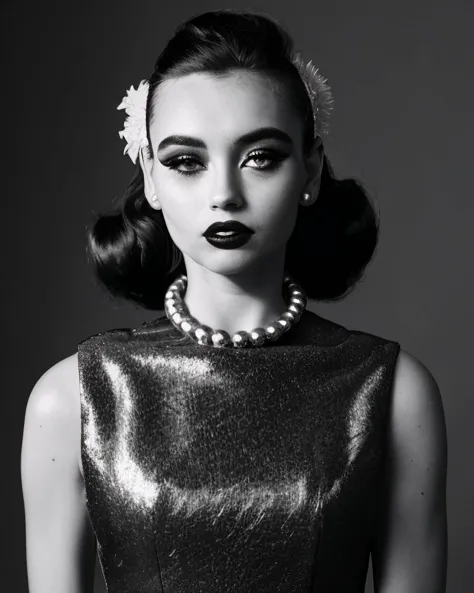 a black and white photo of a woman with a pearl necklace