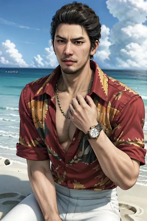 1 Junge, Kazuma Kiryu, ryu ga gotoku, Yakuza - Die wunderbare Welt der Yakuza, (schwarzes Haar, Kurzes Haar, braune Augen) (spitzes Haar:1.45), dicke Augenbrauen, (weiße Hosen:1.35), Schmuck, Halskette, (rotes Shirt, Hawaiihemd, Brustbehaarung:1.35), Armbanduhr, (reifer Mann, männlich, muskulös:1.35), (Gesichtsbehaarung, Bart, Spitzbart:1.35), an einem Strand auf Okinawa, auf Sand sitzen, Lockere Wellen, blauer Himmel, lächeln, (realistisch:1.5), (unwirkliche Engine:1.3), (filmische Farbe, Farbgenauigkeit:1.45), (Meisterwerk, beste Qualität:1.5), Extrem detailliert, Hohe Auflösung, 8k uhd Unity-Hintergrundbild, 