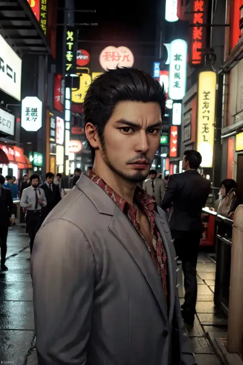 1garçon, seulement, Kazuma Kiryu, Ryu Ga Gotoku, yakuza, (cheveux noirs, yeux marrons, Cheveux courts, cheveux pointus:1.45), sourcils épais, (Poils, barbe:1.35), costume blanc, chemise à col, les poils du torse, montre-bracelet, chaussures, mâle mature, viril, Musclé, Haut du corps, Fermer, regardant le spectateur, dans les rues de Kabukicho, (Réaliste:1.5), (couleur cinématographique, précision des couleurs:1.45), (chef-d&#39;œuvre, Meilleure qualité:1.5), extrêmement détaillé, haute résolution, Fond d'écran Unity 8K UHD, 