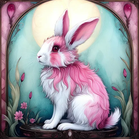 bunny,pink fur , no humans,, arsmjstyle, (art noveau),   <lora:arsmjstylesdxl_-_art_nouveau:1>