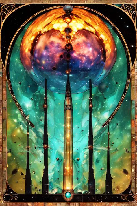 protozoa,black holes,nuclear fusion,catholicism
 (( no humans)) , <lora:arsmjstylesd_-_art_nouveau:0.8> arsmjstyle, art nouveau