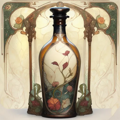 there is a vase with a floral design on it in front of a stained glass panel