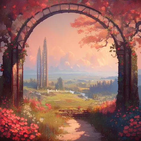 painting of a garden with a gate and flowers and a view of a city