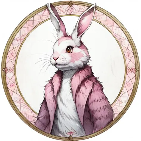 a close up of a rabbit in a pink coat in a circle