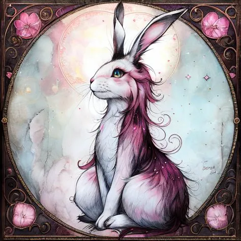 bunny,pink fur , no humans,(art noveau), arsmjstyle, <lora:arsmjstylepony_-_art_nouveau_sd1:1>