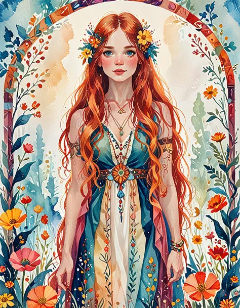 hippy woman children's book illustration  <lora:novuschroma45 style_detail:1.05> novuschroma45 style <lora:arsmjstylesdxl_-_art_...