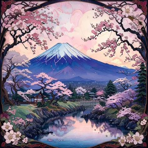 masterpiece, best quality,  <lora:add-detail-xl:1>  <lora:ArsMJStyleSDXL_-_Art_Nouveau:1> ArsMJStyle, Art Nouveau A Japanese-inspired landscape with Mount Fuji in the background, rendered in the flat colors and organic lines of Art Nouveau. Cherry blossoms in the foreground form intricate, interlocking patterns.