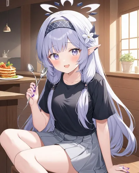 himari \(blue archive\),1girl, black_shirt, halo, solo, hair_flower, purple_nails, looking_at_viewer, food, black_hairband, short_sleeves, mole_under_eye, smile, hair_tubes, nail_polish, sitting, indoors, blush, holding_spoon, open_mouth, long_skirt, alternate_costume, t-shirt, grey_skirt
<lora:himari_(blue_archive)_image1099_2023-11-27:1>halo. gorgeous,key visual, vibrant, studio anime,award-winning, professional, highly detailed,high budget, cinemascope