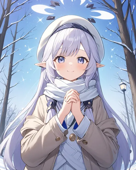 anime girl with white hair and blue eyes standing in the snow