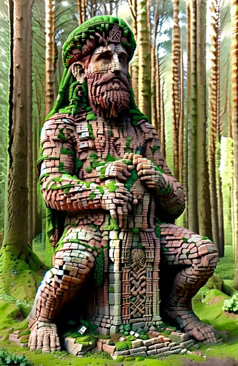 there is a statue of a man sitting on a mossy rock