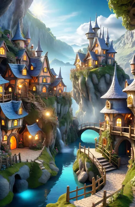 a picture of a fantasy village with a river and a bridge