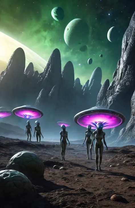 a group of alien people walking on a desert with planets in the background