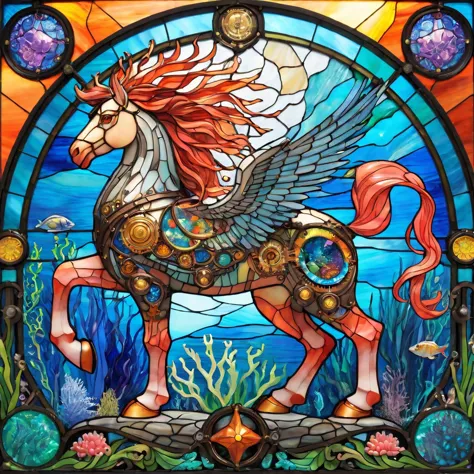 a close up of a stained glass window with a horse