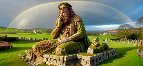 arafed statue of a man sitting on a stone bench in a cemetery