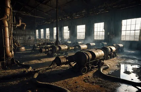 there is a large room with a lot of barrels and pipes