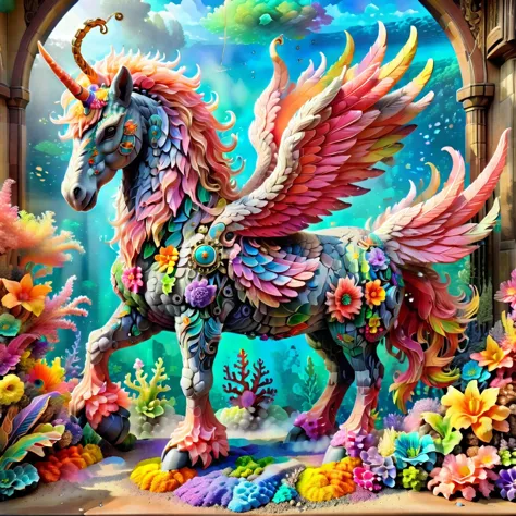 brightly colored unicorn statue in a fantasy setting with flowers and plants