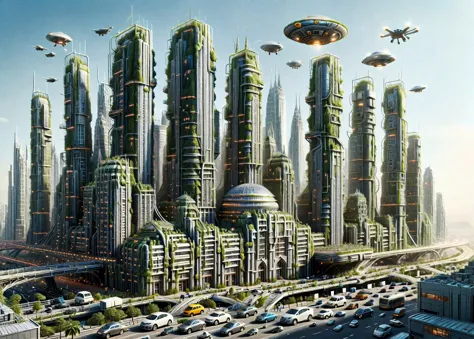 futuristic city with flying saucers and cars on a highway